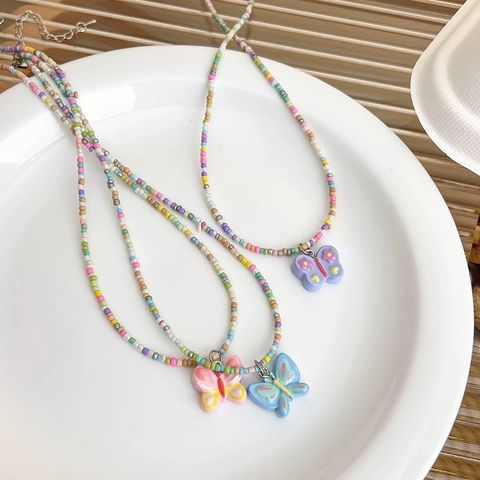 Sweet Bow Knot Resin Seed Bead Beaded Women's Pendant Necklace