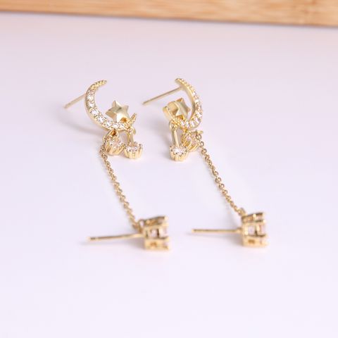 Copper 18K Gold Plated Sweet Simple Style Inlay Star Moon Zircon Ear Studs