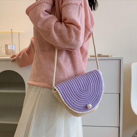 Women's Cotton Straw Color Block Elegant Cute Classic Style Pearls Flip Cover Crossbody Bag