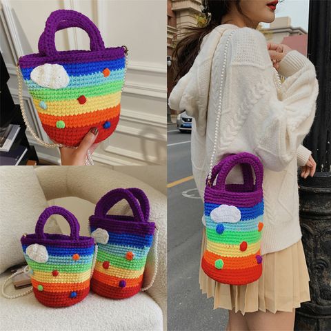 Women's Medium Plush Rainbow Stripe Cute Beading Weave Bucket Open Crossbody Bag