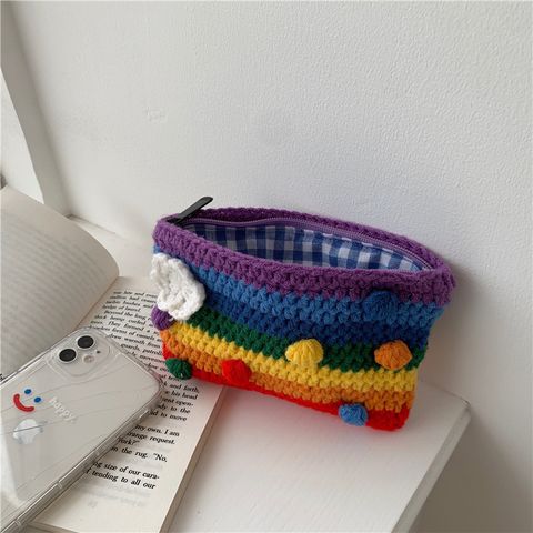 Women's Medium Fabric Clouds Rainbow Stripe Cute Square Open Shoulder Bag