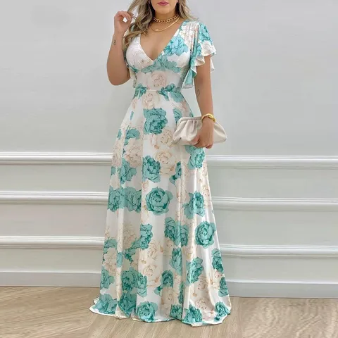 Frau Swing-Kleid Ferien V-Ausschnitt Drucken Kurzarm Blume Maxi Langes Kleid Ferien Strand