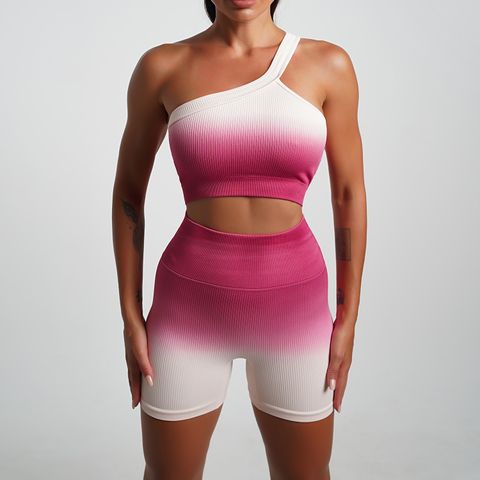 Casual Gradient Color Nylon Halter Neck Active Sets T-shirt Leggings