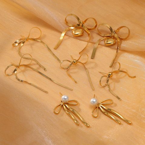 1 Paar Dame Bogenknoten Perle Überzug Schleife Edelstahl 304 18 Karat Vergoldet Tropfenohrringe