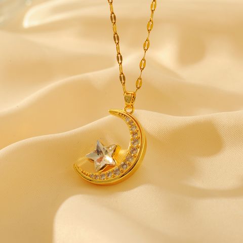 Wholesale Elegant Lady Streetwear Star Moon Copper Inlay Zircon Pendant Necklace