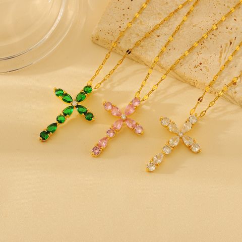 Wholesale Glam Shiny Cross Copper Plating Inlay 18K Gold Plated Zircon Pendant Necklace