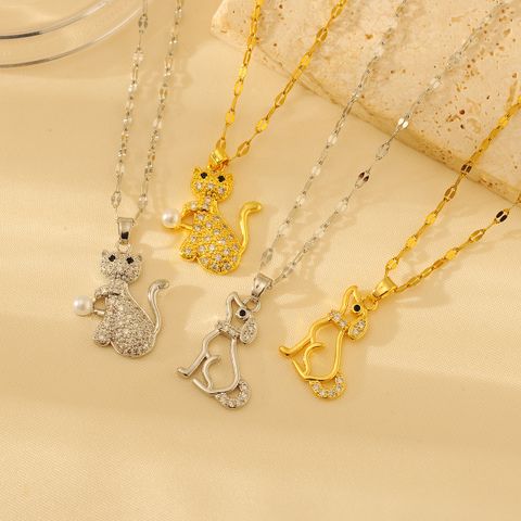 Wholesale Simple Style Classic Style Cat Copper Plating Inlay 18K Gold Plated Zircon Pendant Necklace