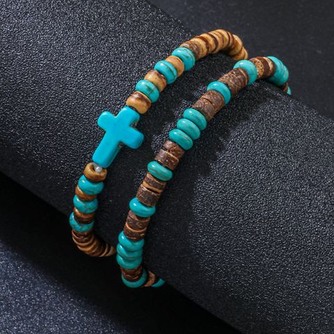 Casual Retro Cross Wooden Beads Turquoise Unisex Bracelets