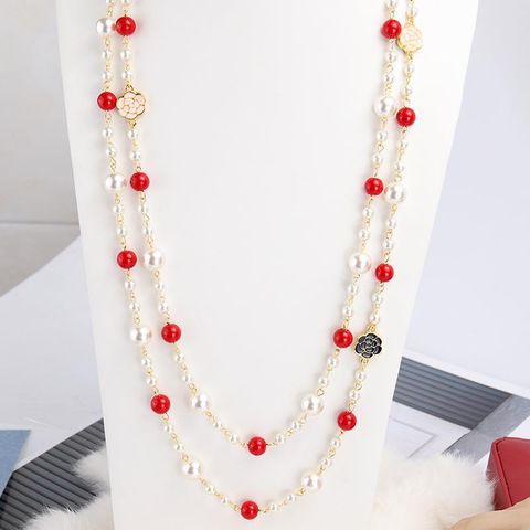 Sweet Simple Style Flower Imitation Pearl Alloy Beaded Enamel Women's Long Necklace