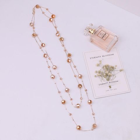 Simple Style Round Artificial Crystal Alloy Beaded Women's Sweater Chain Long Necklace