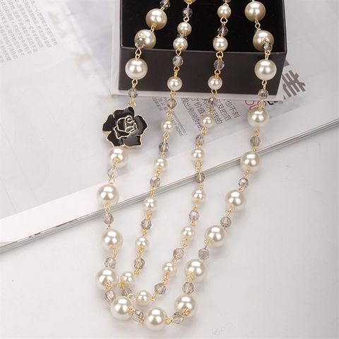 IG Style Sweet Round Flower Imitation Pearl Alloy Beaded Women's Long Necklace Necklace