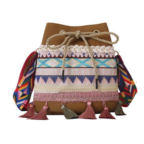 Women's Medium Canvas Geometric Ethnic Style Tassel String Bucket Bag