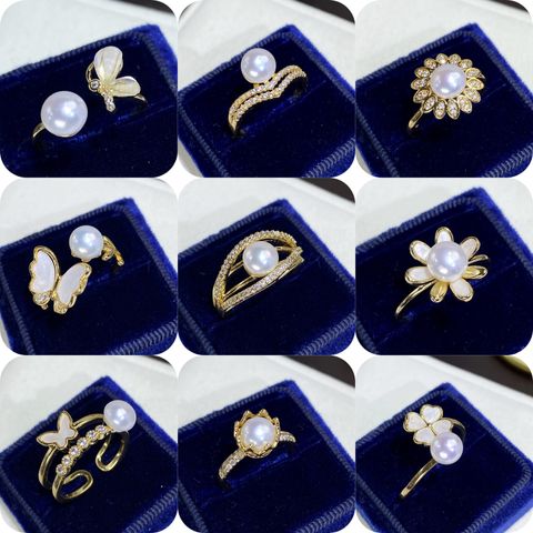 Baroque Pearls Copper Simple Style Classic Style Inlay Flower Rhinestones Freshwater Pearl Rings