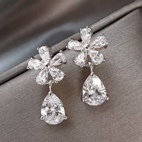 Wholesale Jewelry Elegant Sweet Flower Alloy Zircon Inlay Drop Earrings