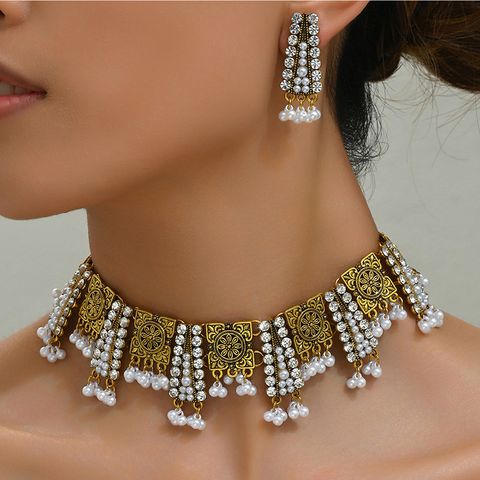 Vintage Style Color Block Antique Silver Gold Plated Rhinestones Alloy Wholesale Jewelry Set