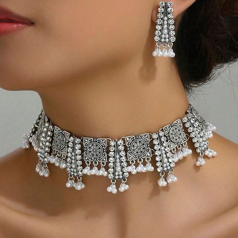 Vintage Style Color Block Antique Silver Gold Plated Rhinestones Alloy Wholesale Jewelry Set