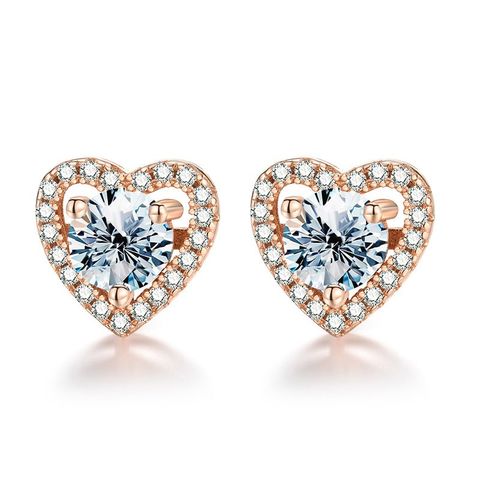 1 Pair Romantic Simple Style Heart Shape GRA Certificate Sterling Silver Moissanite Rose Gold Plated White Gold Plated Ear Studs
