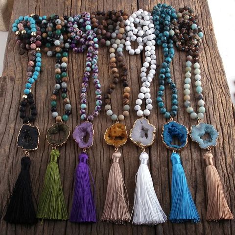 Ethnic Style Water Droplets Semi-Precious Stone, Glass, Crystal Cluster Beaded Tassel Plating Unisex Pendant Necklace