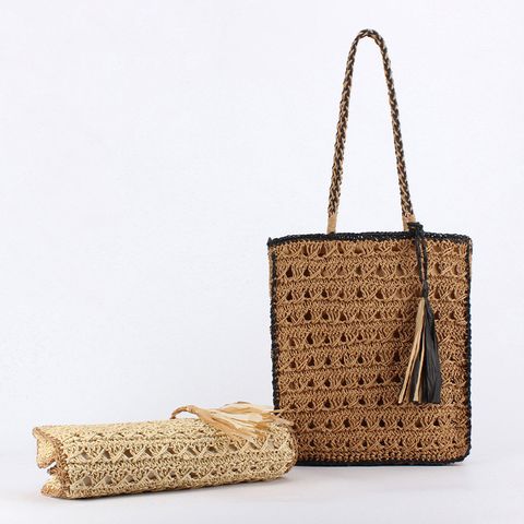 Women's Large Polyester Cotton Straw Geometric Streetwear Zipper Straw Bag