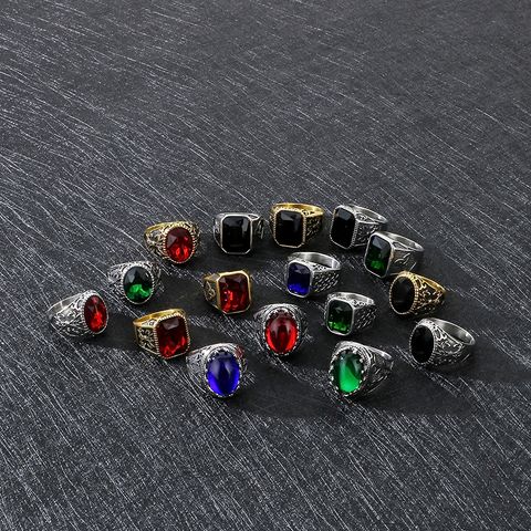 304 Stainless Steel 18K Gold Plated Punk Inlay Square Oval Glass Stone Rings