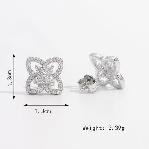 1 Piece Romantic Pastoral Simple Style Four Leaf Clover Rectangle Hollow Out Inlay Sterling Silver Shell Pearls Zircon White Gold Plated Earrings