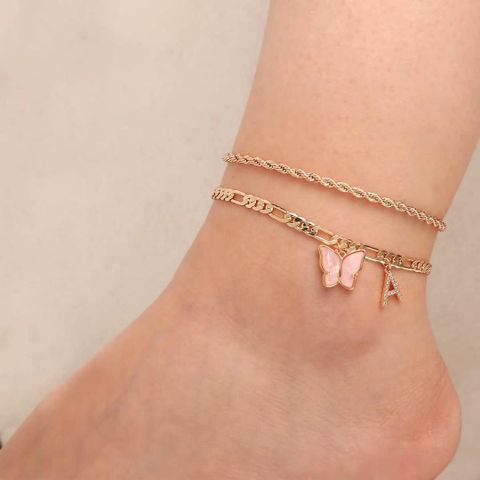 Casual Vacation Letter Butterfly Copper Inlay Zircon Women's Anklet