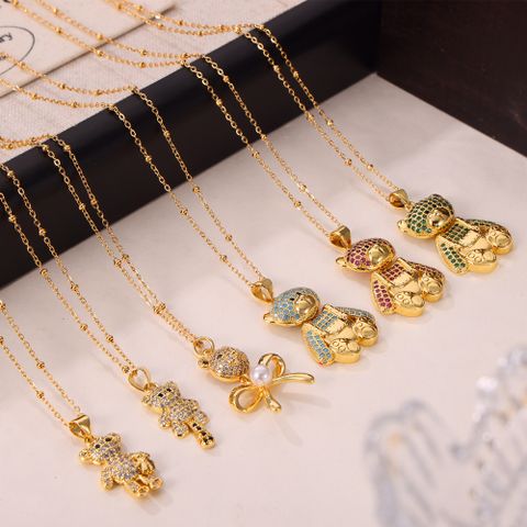 Wholesale Casual Elegant Simple Style Little Bear 304 Stainless Steel Rhinestone Copper Plating Inlay 18K Gold Plated Artificial Pearls Rhinestones Pendant Necklace
