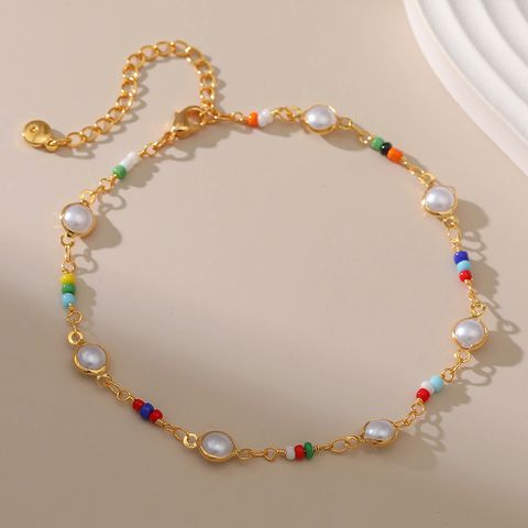 Casual Ethnic Style Round Flower Seed Bead Beaded Hollow Out Inlay Pearl Women's Anklet