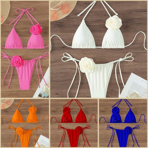 Women's Solid Color Flower 2 Pieces Set Bikinis Swimwear