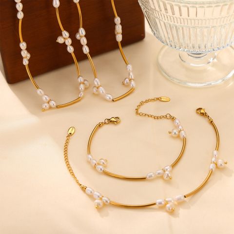Edelstahl 304 Süßwasserperle 18 Karat Vergoldet IG-Stil Französische Art Einfacher Stil Perlen Oval Armbänder Halskette