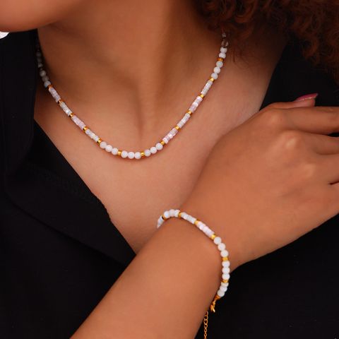Edelstahl 304 Hülse 18 Karat Vergoldet Elegant Einfacher Stil Perlen Überzug Runden Armbänder Halskette Schmuck-Set