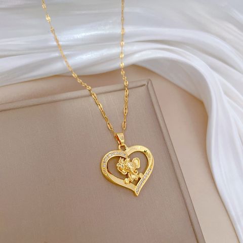 Wholesale Simple Style Classic Style Heart Shape Elephant Titanium Steel Copper Inlay Zircon Pendant Necklace