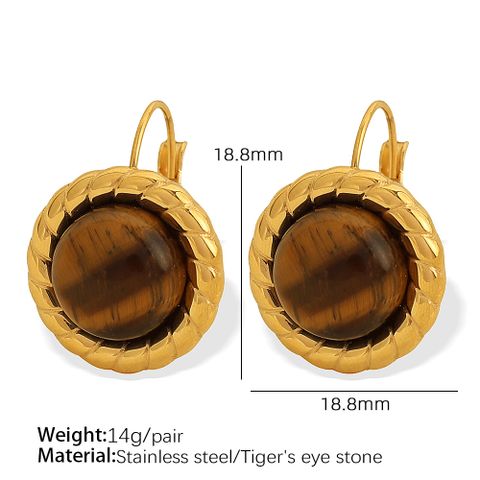 1 Pair Elegant Classical Lady Round Polishing Plating 304 Stainless Steel Artificial Pearls Tiger Eye 18K Gold Plated Drop Earrings