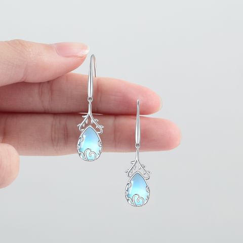 1 Pair IG Style French Style Modern Style Leaf Water Drop Inlay Sterling Silver Moonstone Turquoise Rhodium Plated Drop Earrings