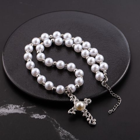 IG Style Glam Hip-Hop Cross 304 Stainless Steel Imitation Pearl Beaded Three-dimensional Inlay Artificial Pearls Unisex Pendant Necklace