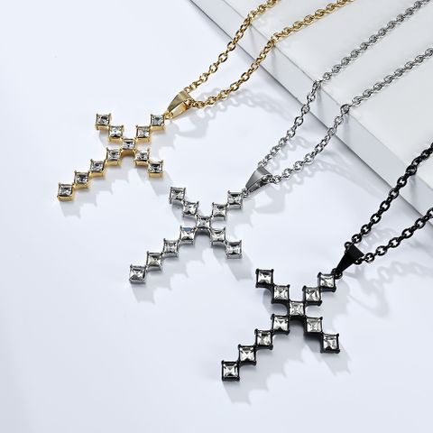 Casual Simple Style Cross 304 Stainless Steel Inlay Rhinestones 18K Gold Plated Unisex Pendant Necklace