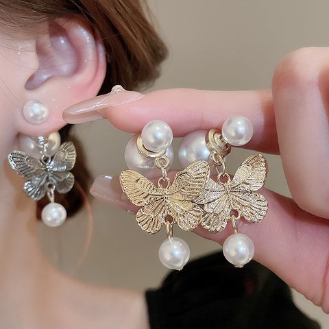 1 Pair Vintage Style Simple Style Butterfly Inlay Alloy Imitation Pearl Drop Earrings