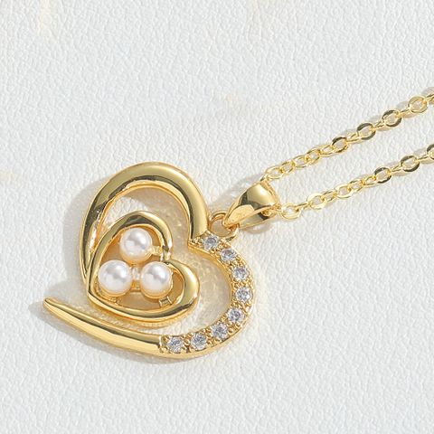 Wholesale Vintage Style Simple Style Heart Shape Copper Enamel Inlay 14K Gold Plated Artificial Pearls Zircon Pendant Necklace