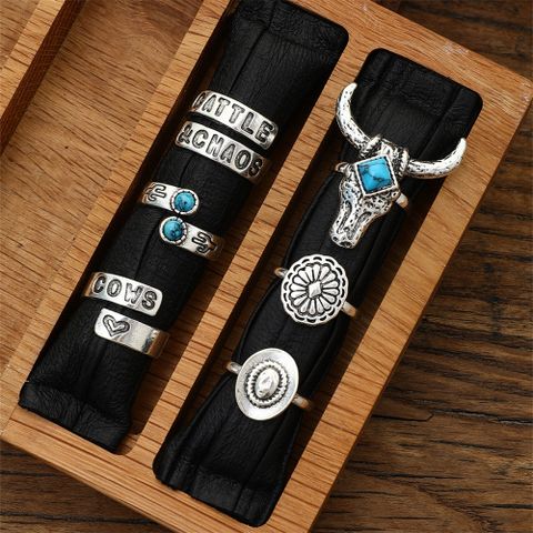 Retro Cowboy Style Western Style Geometric Letter Turquoise Alloy Wholesale Open Rings