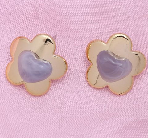 1 Pair Cute Heart Shape Flower Inlay Arylic Resin Ear Studs