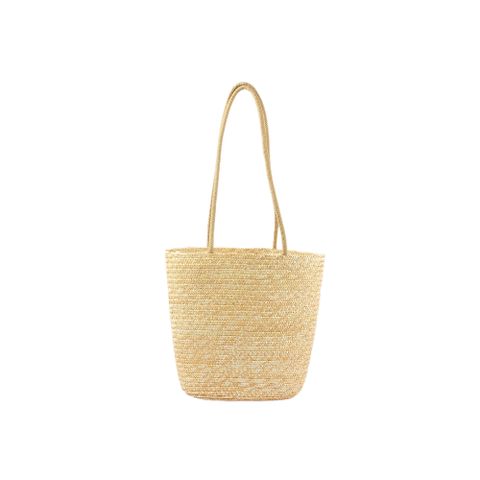 Women's Medium Straw Solid Color Vacation Beach Weave Bucket Zipper Bucket Bag