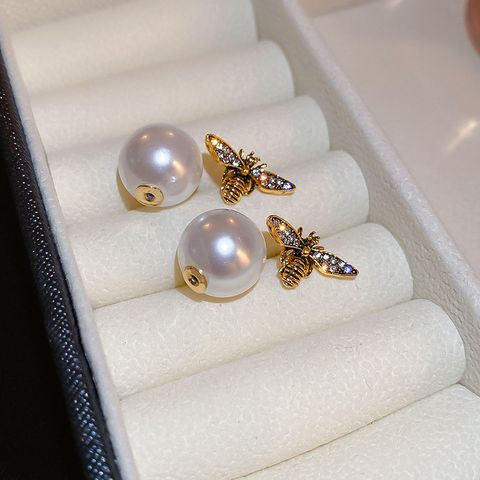 1 Pair Cute Lady Geometric Bee Plating Inlay Copper Artificial Pearls Zircon Drop Earrings