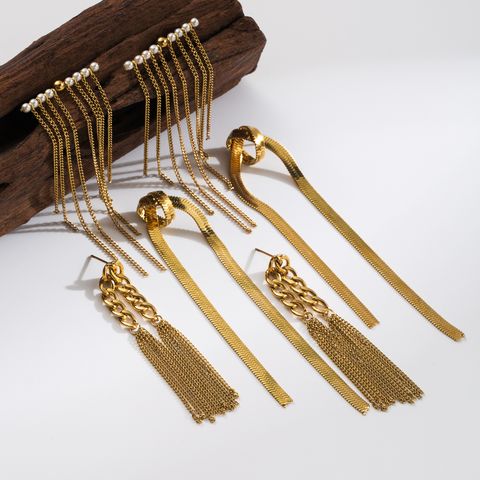 1 Pair Basic Modern Style Classic Style Tassel Chain Plating Inlay 304 Stainless Steel Artificial Pearls 18K Gold Plated Drop Earrings