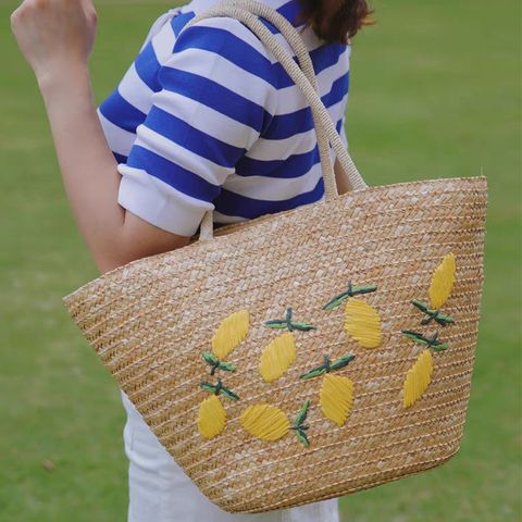 Women's Large Straw Lemon Vacation Beach Weave String Straw Bag