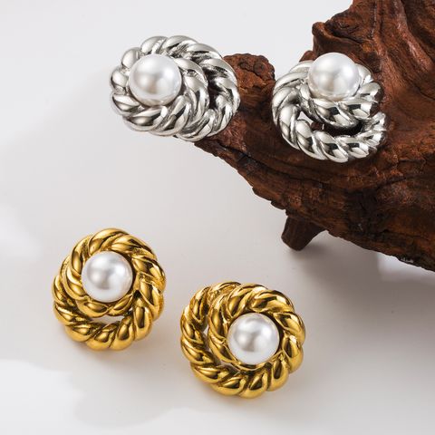 1 Pair Vintage Style Classic Style Commute Round Twist Roll Plating Inlay 304 Stainless Steel Artificial Pearls 18K Gold Plated Ear Studs