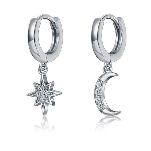 1 Pair Elegant Simple Style Star Moon Asymmetrical Copper Zircon Drop Earrings