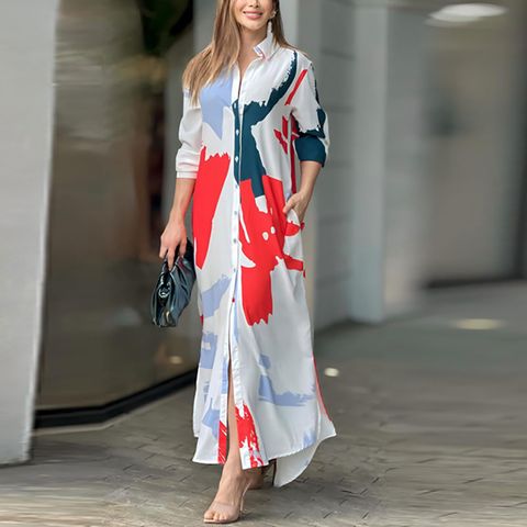 Women's Regular Dress Vacation Turndown Printing Long Sleeve Abstract Midi Dress Holiday Beach
