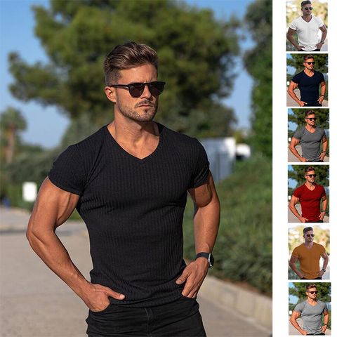 Men's Solid Color Simple Style V Neck Short Sleeve Slim Men's T-shirt