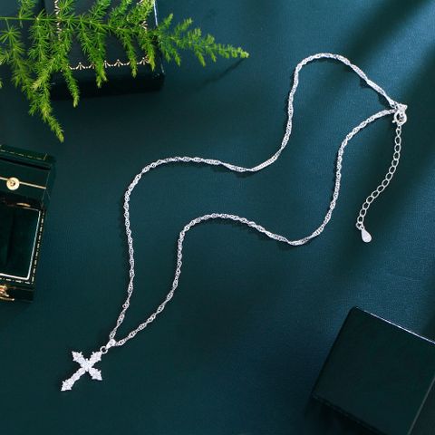 Sterling Silver White Gold Plated Rhodium Plated Hip-Hop Rock Inlay Cross Zircon Pendant Necklace