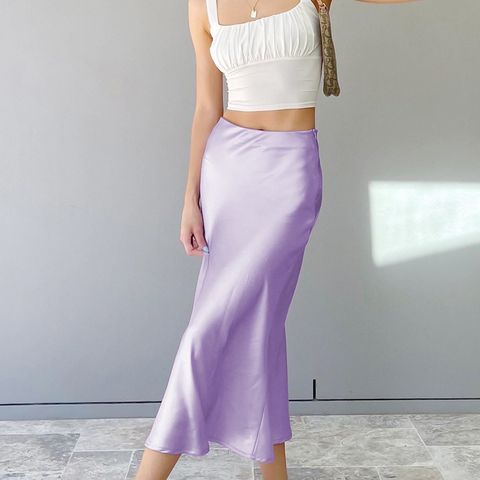 Summer Streetwear Solid Color Polyester Knee-Length Skirts